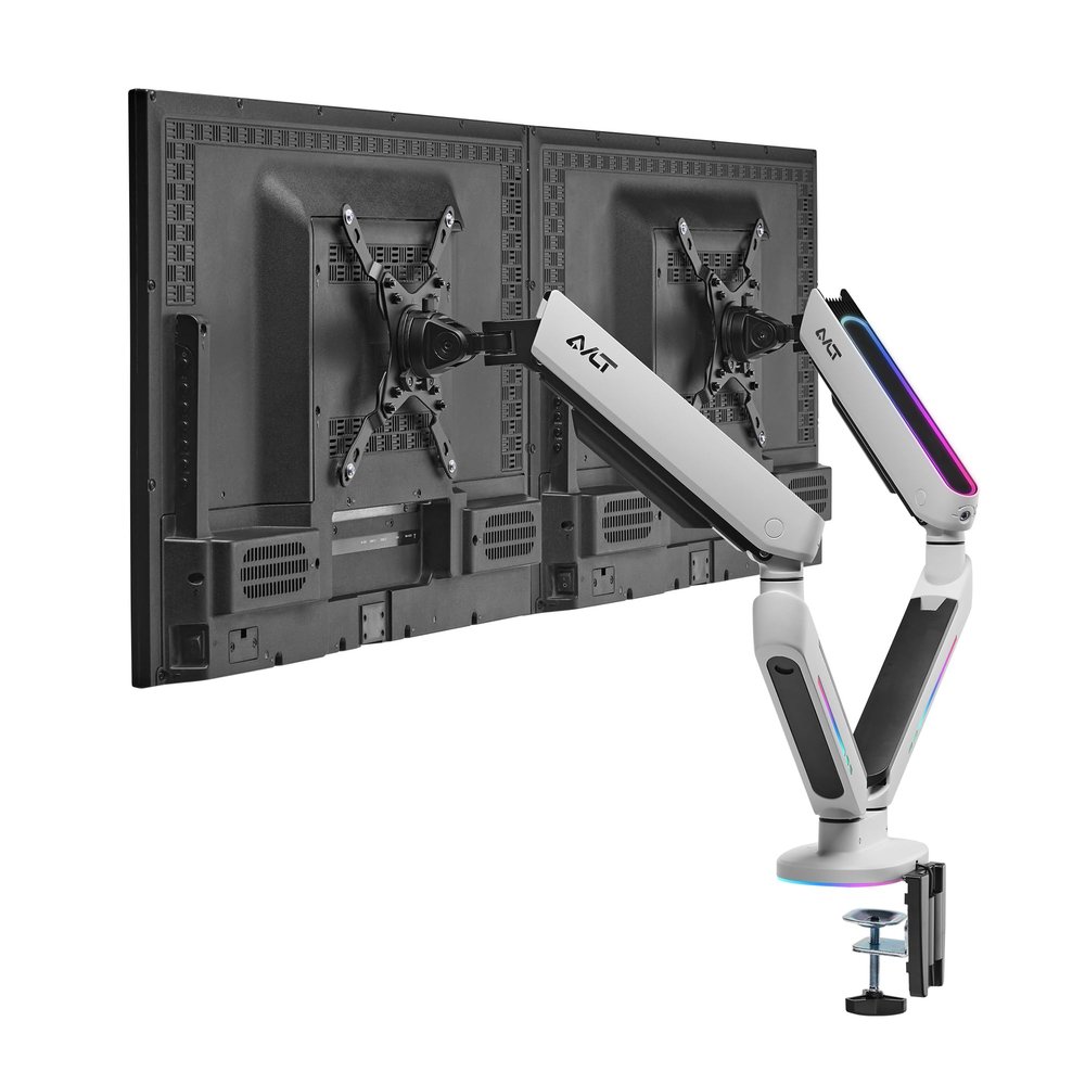 AVLT Dual 27-43 RGB Gaming Monitor Arm Desk Mount Built-in 20 Lighting Modes Touch Button Control Fits Flat/Curved/Ultrawide Screen Height Swivel Tilt Rotation Adjustable Stand -White