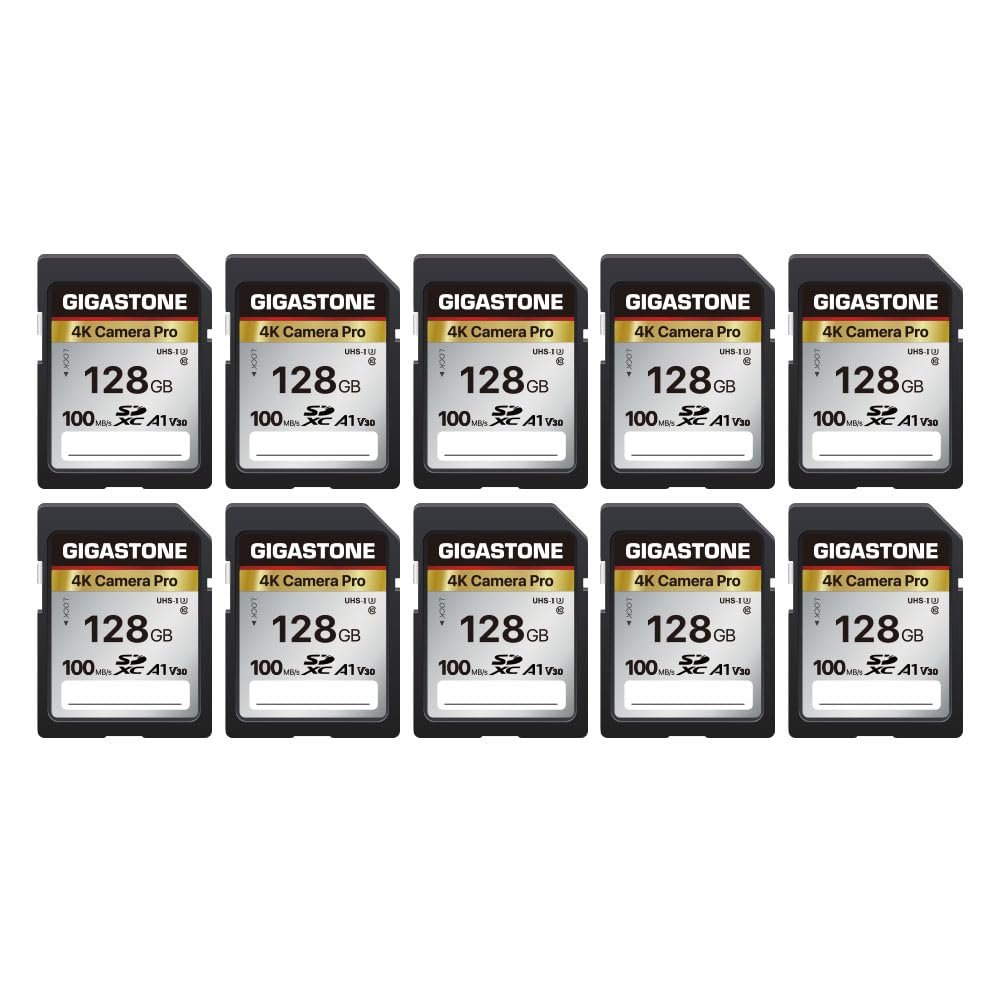 5-Years Data Recovery GIGASTONE 128GB SD Card 10-Pack, 4K Camera Pro, A1 V30 SDXC Memory Card 4K UHD Video Compatible with Canon Digital Camera, with 10 Mini Cases