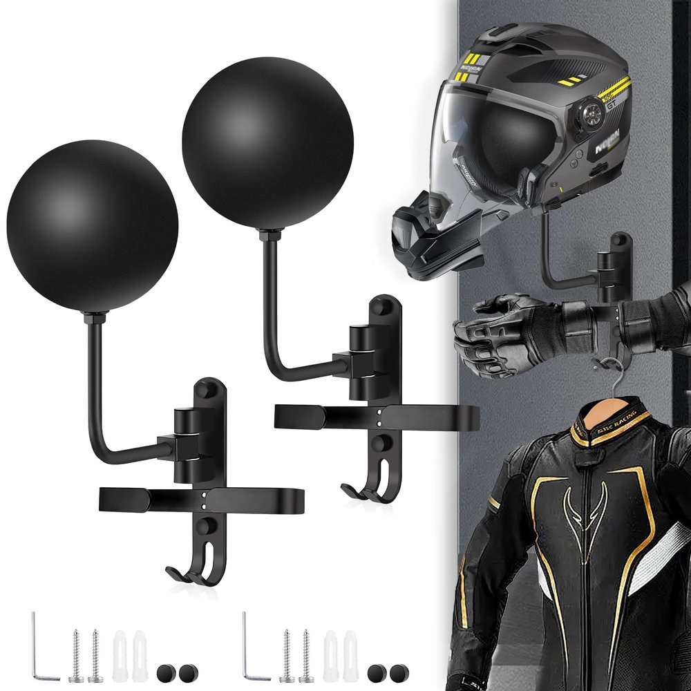 Kikerike Motorcycle Helmet Rack Wall Mount 180 Degree Rotation Metal Bike Helmet Holder Mount Bicycle Helmet Display Hanger Stand with 2 Hooks for Motorcycle Bike Baseball Rugby Helmet - 2 Pack