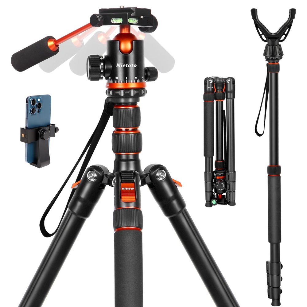 Nietoto 2 in 1 Camera Tripod & Hunting Stand Foldable, 68" Ball Head Tripod for Camera and Phone, Heavy Duty Tripod for DSLR Camera Lasers Binoculars Telescope Spotting Scope, Min Size 16.5" with Bag