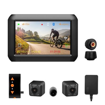 VSYSTO WiFi Motorcycle Dash Camera, Parking Monitoring, 3CH 4 Inch Screen Motorbike Camera System with TPMS, GPS, Front and Left and Right Camera, Assisted Driving Mode, Temperature Display, G-Sensor