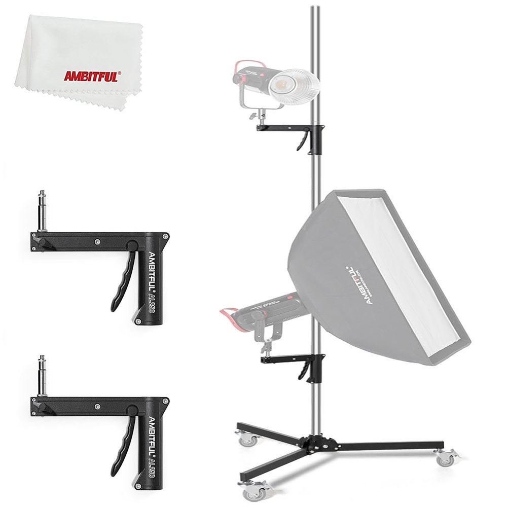 AMBITFUL Heavy Duty Photography Light Stand with Wheels, 8.5FT Adjustable Steel Stand with Pistol Grip & 360 Casters, 1/4" 3/8" Screw for Studio Monolight, Softbox, Umbrella, Strobe Lights