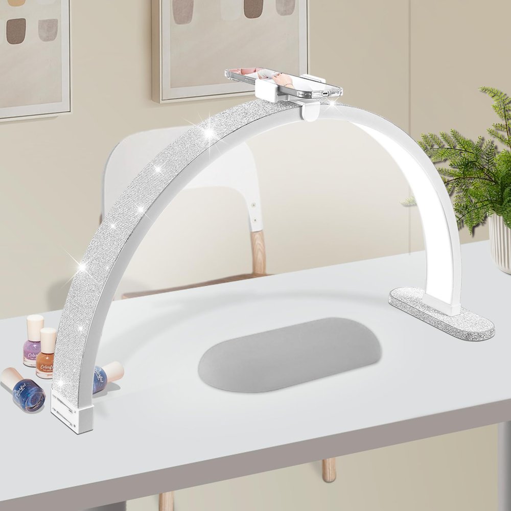 30in Half Moon Light for Nail Desk, Touch Control With Phone Holder, Adjustable Brightness and Color Temperature