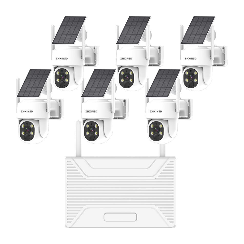 ZHXINSD PTZ Security Cameras Wireless Outdoor Solar Powered, Pan Tilt 360 View 10 CH Ultra 2K Home Security Camera System with 6PCS Cameras Human Detection Two Way Audio Color Night Vision 64G Storage
