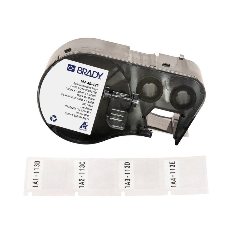 Brady Authentic (M4-49-427) Self-Laminating Vinyl Wrap Around Labels 1" H x 1" W Black on White, Clear, 260 Labels. for use with The BMP41, BMP51, and M511 Label Printers