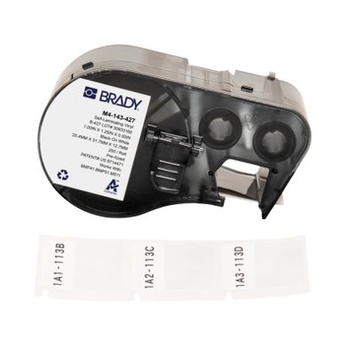 Brady Authentic (M4-143-427) Self-Laminating Vinyl Wrap Around Labels 1.25" H x 1" W Black on White, Clear, 200 Labels. for use with The BMP41, BMP51, and M511 Label Printers
