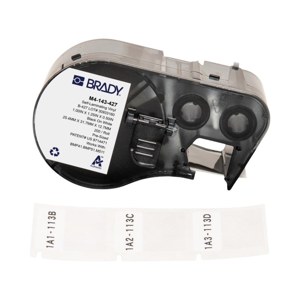 Brady Authentic (M4-143-427) Self-Laminating Vinyl Wrap Around Labels 1.25" H x 1" W Black on White, Clear, 200 Labels. for use with The BMP41, BMP51, and M511 Label Printers
