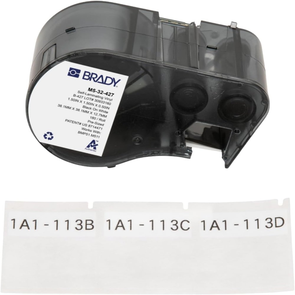 Brady Authentic (M5-32-427) Self-Laminating Vinyl Wrap Around Labels 1.5" H x 1.5" W Black on White, Clear, 180 Labels. for use with The BMP51 and M511 Label Printers