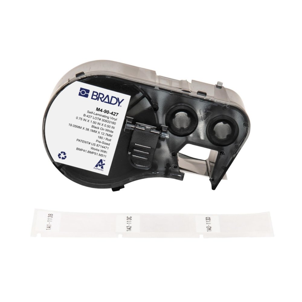 Brady Authentic (M4-90-427) Self-Laminating Vinyl Wrap Around Labels 1.5" H x 0.75" W Black on White, Clear, 180 Labels. for use with The BMP41, BMP51, and M511 Label Printers
