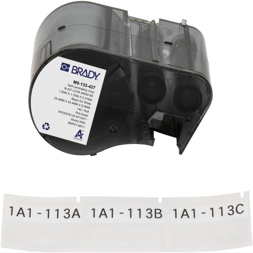 Brady Authentic (M5-133-427) Self-Laminating Vinyl Wrap Around Labels 1" H x 1.75" W Black on White, Clear, 140 Labels. for use with The BMP51 and M511 Label Printers