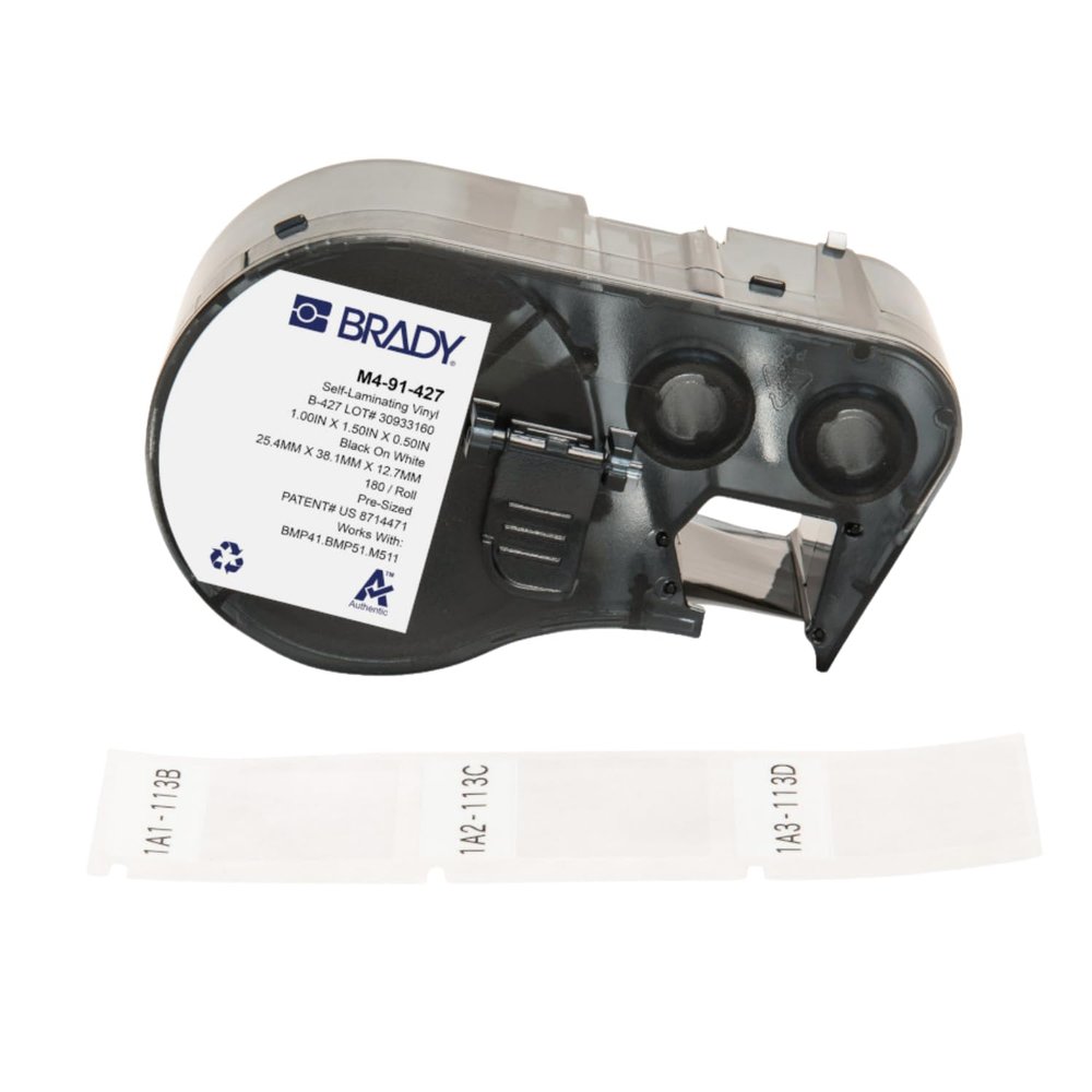Brady Authentic (M4-91-427) Self-Laminating Vinyl Wrap Around Labels 1.5" H x 1" W Black on White, Clear, 180 Labels. for use with The BMP41, BMP51, and M511 Label Printers