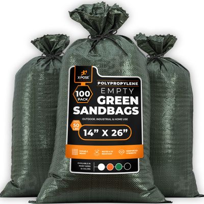 Xpose Safety Heavy Duty Sand Bags with Tie Strings Empty Woven Polypropylene Sandbags for Hurricane Flood Protection, 50 lb Capacity, 14" x 26", Green, Pack of 100