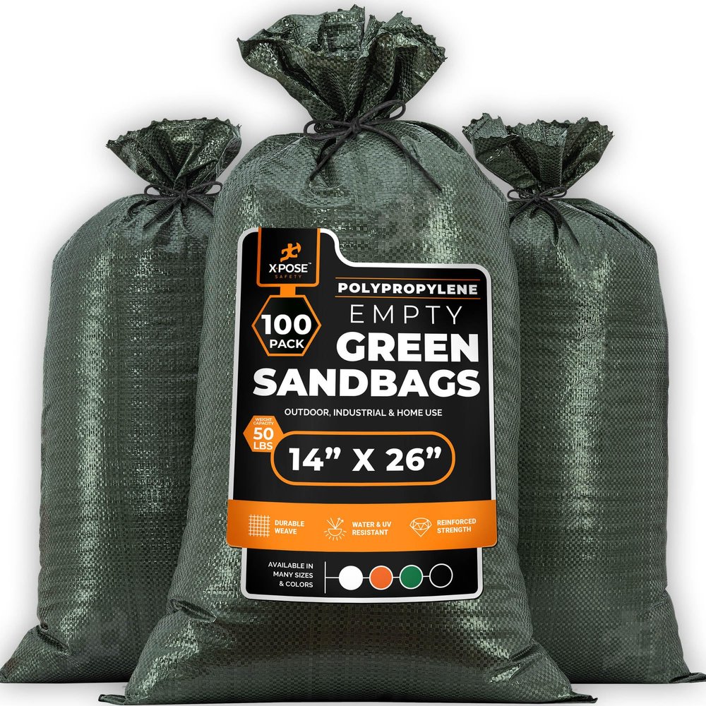 Xpose Safety Heavy Duty Sand Bags with Tie Strings Empty Woven Polypropylene Sandbags for Hurricane Flood Protection, 50 lb Capacity, 14" x 26", Green, Pack of 100