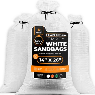 Xpose Safety Heavy Duty Sand Bags with Tie Strings  Empty Woven Polypropylene Sandbags for Hurricane Flood Protection, 50 lb Capacity, 14" x 26", White, Pack of 1000