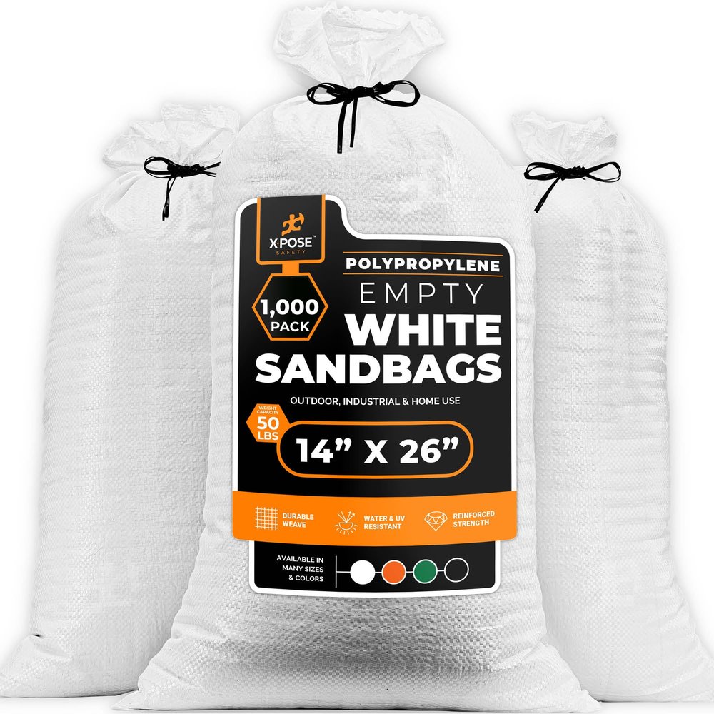 Xpose Safety Heavy Duty Sand Bags with Tie Strings  Empty Woven Polypropylene Sandbags for Hurricane Flood Protection, 50 lb Capacity, 14" x 26", White, Pack of 1000
