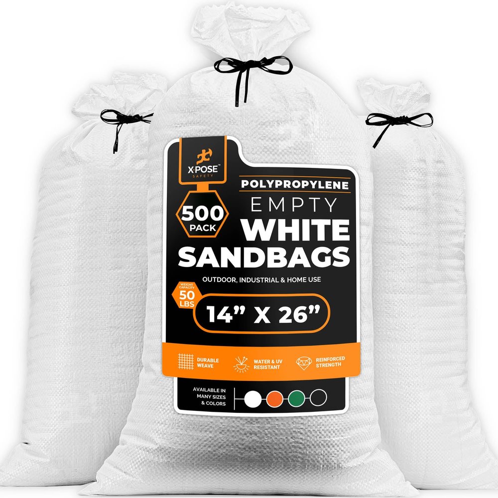 Xpose Safety Heavy Duty Sand Bags with Tie Strings  Empty Woven Polypropylene Sandbags for Hurricane Flood Protection, 50 lb Capacity, 14" x 26", White, Pack of 500