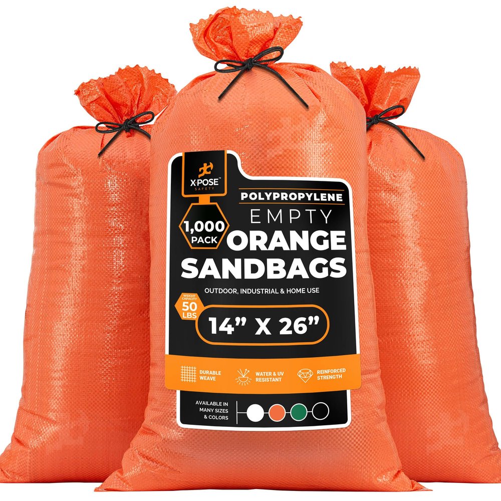 Xpose Safety Heavy Duty Sand Bags with Tie Strings  Empty Woven Polypropylene Sandbags for Hurricane Flood Protection, 50 lb Capacity, 14" x 26", Orange, Pack of 1000