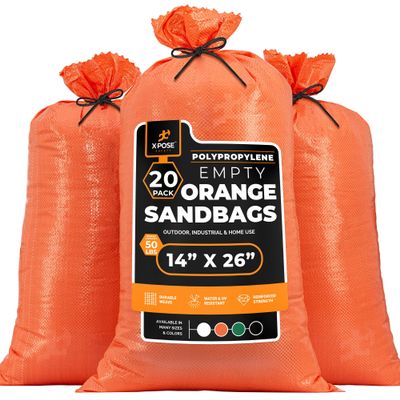 Xpose Safety Heavy Duty Sand Bags with Tie Strings  Empty Woven Polypropylene Sandbags for Hurricane Flood Protection, 50 lb Capacity, 14" x 26", Orange, Pack of 20