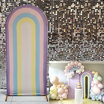 AOSTO Rainbow Arch Backdrop Cover for Birthday Baby Shower Party Decoration,2.5x6ft Double Sided Purple Stripes Background Elastic Fabric Cover GX-1496