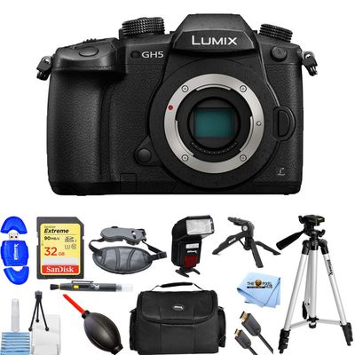 Panasonic Lumix DC-GH5 Mirrorless Micro 4/3 Digital Camera - Accessory Bundle Includes: Extreme 32GB SD, Flash, Tripod, Gadget Bag, Hand Strap, HDMI Cable and More (Renewed)