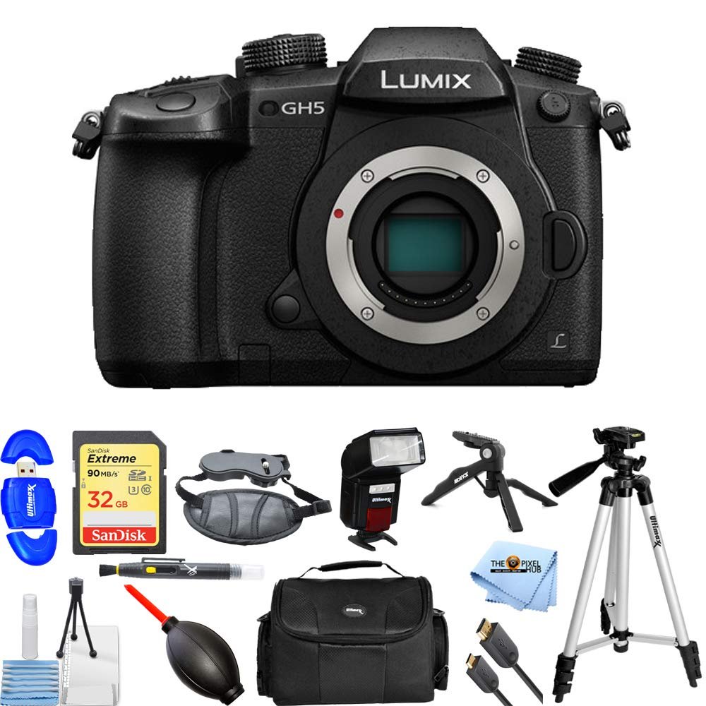 Panasonic Lumix DC-GH5 Mirrorless Micro 4/3 Digital Camera - Accessory Bundle Includes: Extreme 32GB SD, Flash, Tripod, Gadget Bag, Hand Strap, HDMI Cable and More (Renewed)