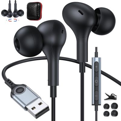ACANDYA USB Headphones with Microphone for PC USB A Earbuds Computer 2.3M Cord Magnetic in-Ear Headset Audio Control Mute Function for Laptop Desktop Notebook Headset for Office Live Broadcast Gaming