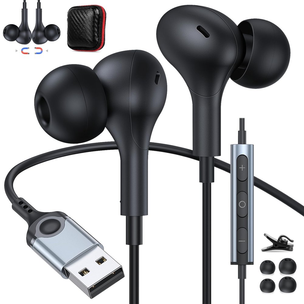 ACANDYA USB Headphones with Microphone for PC USB A Earbuds Computer 2.3M Cord Magnetic in-Ear Headset Audio Control Mute Function for Laptop Desktop Notebook Headset for Office Live Broadcast Gaming