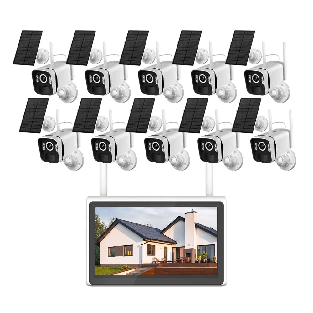 ZHXINSD 2K Solar Security Cameras Wireless Outdoor WiFi with 10" Monitor, 10CH 4MP Wire-Free Camera System, 10PC Battery Powered Security Cameras for Home Security, Waterproof, Floodlight, 64G Storage