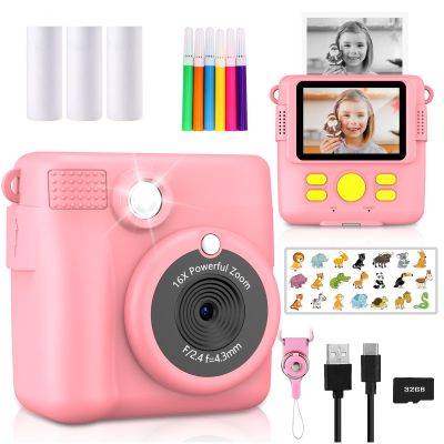 Radekly Instant Print Camera for Kids,Christmas Birthday Gifts for Age 3-12 Girls Boys1080P HD Digital Video Cameras for Toddler,Kids Portable Toy with 3 Rolls Photo Paper32GB Card-Pink