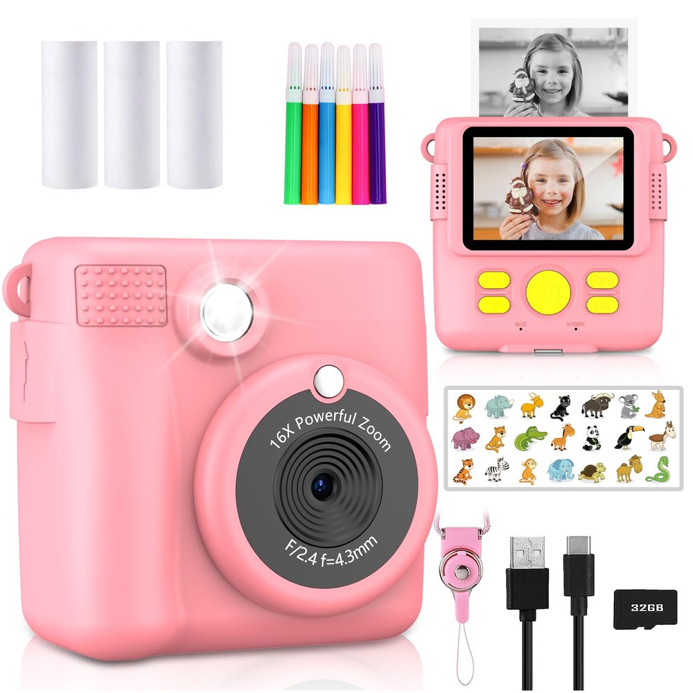 Radekly Instant Print Camera for Kids,Christmas Birthday Gifts for Age 3-12 Girls Boys1080P HD Digital Video Cameras for Toddler,Kids Portable Toy with 3 Rolls Photo Paper32GB Card-Pink