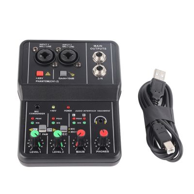 Portable USB Mini Sound Board Console, 2 Channels Audio Mixer, Sound Card USB 48V Power Compact Sound Mixing Console, for Music Recording Home Karaoke Internet