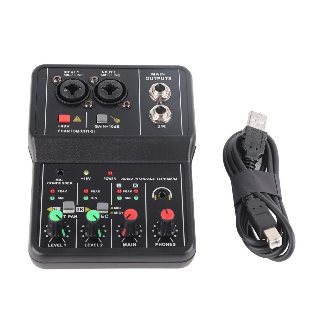 Portable USB Mini Sound Board Console, 2 Channels Audio Mixer, Sound Card USB 48V Power Compact Sound Mixing Console, for Music Recording Home Karaoke Internet