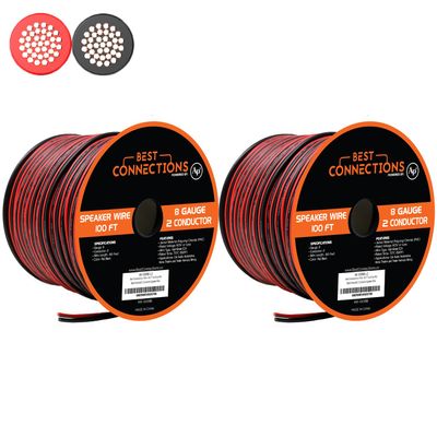 BEST CONNECTIONS Speaker Zip Wire (Various Gauge/Size Options) Primary Bonded Red & Black Speaker Cable Stranded Speaker Wire Car Audio Automotive Home Theatre (200 Feet (100ft x 2), 8 Gauge)