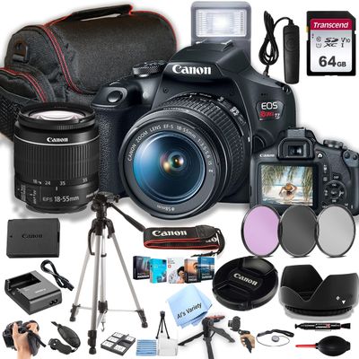 Canon EOS Rebel T7 DSLR Camera w/EF-S 18-55mm F/3.5-5.6 is II Zoom Lens + 64GB Memory, Filters,Case, Tripod, Flash, Remote, and More (35pc Bundle) (Renewed)