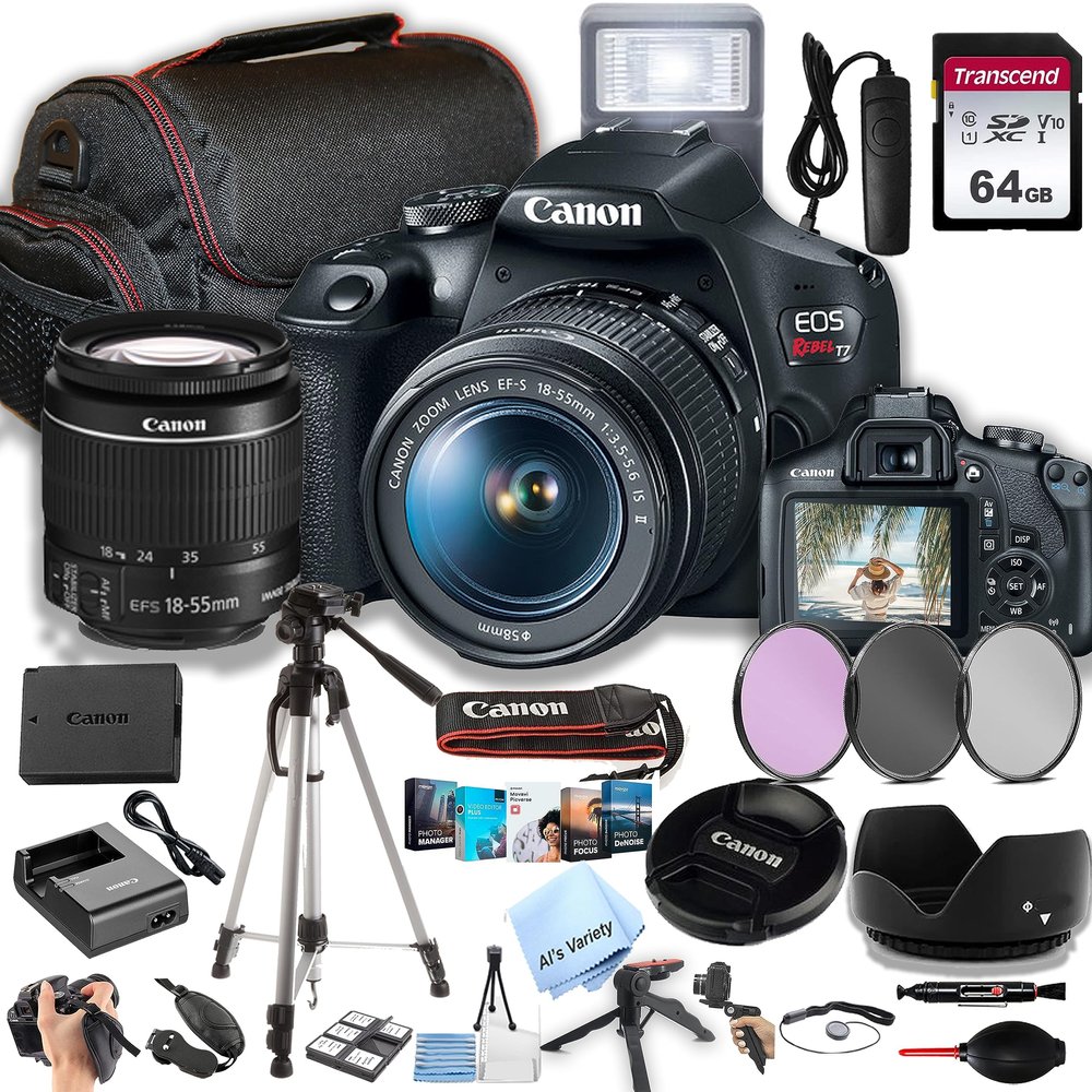 Canon EOS Rebel T7 DSLR Camera w/EF-S 18-55mm F/3.5-5.6 is II Zoom Lens + 64GB Memory, Filters,Case, Tripod, Flash, Remote, and More (35pc Bundle) (Renewed)