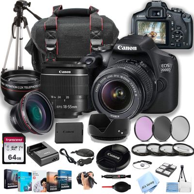 Canon EOS 2000D / Rebel T7 DSLR Camera w/EF-S 18-55mm F/3.5-5.6 Zoom Lens + 64GB Memory, Filters + Macro + 2X Lens, Case, Tripod, Flash, and More (36pc Bundle) (Renewed)