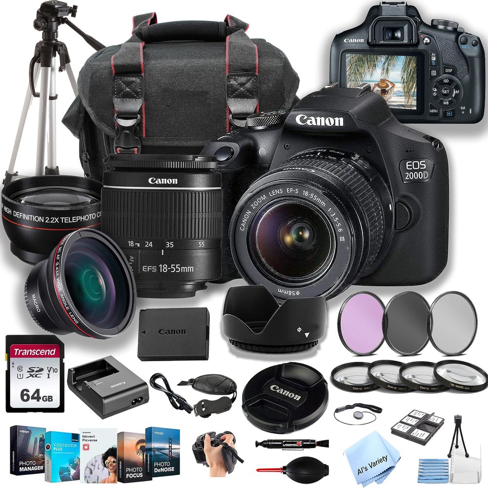 Canon EOS 2000D / Rebel T7 DSLR Camera w/EF-S 18-55mm F/3.5-5.6 Zoom Lens + 64GB Memory, Filters + Macro + 2X Lens, Case, Tripod, Flash, and More (36pc Bundle) (Renewed)