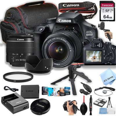 Canon EOS 4000D / Rebel T100 DSLR Camera w/EF-S 18-55mm F/3.5-5.6 Zoom Lens + 64GB Memory, Case, Gripster Tripodpod, and More (26pc Bundle) (Renewed)