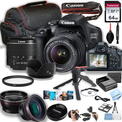 Canon EOS 2000D / Rebel T7 DSLR Camera w/EF-S 18-55mm F/3.5-5.6 Zoom Lens + 64GB Memory, Macro + 2X Len, Case, Gripster Tripodpod, and More (28pc Bundle) (Renewed)