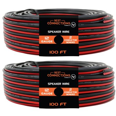 BEST CONNECTIONS Speaker Zip Wire (Various Gauge/Size Options) Primary Bonded Red & Black Speaker Cable Stranded Speaker Wire Car Audio Automotive Home Theatre (200 Feet (100ft x 2), 12 Gauge)
