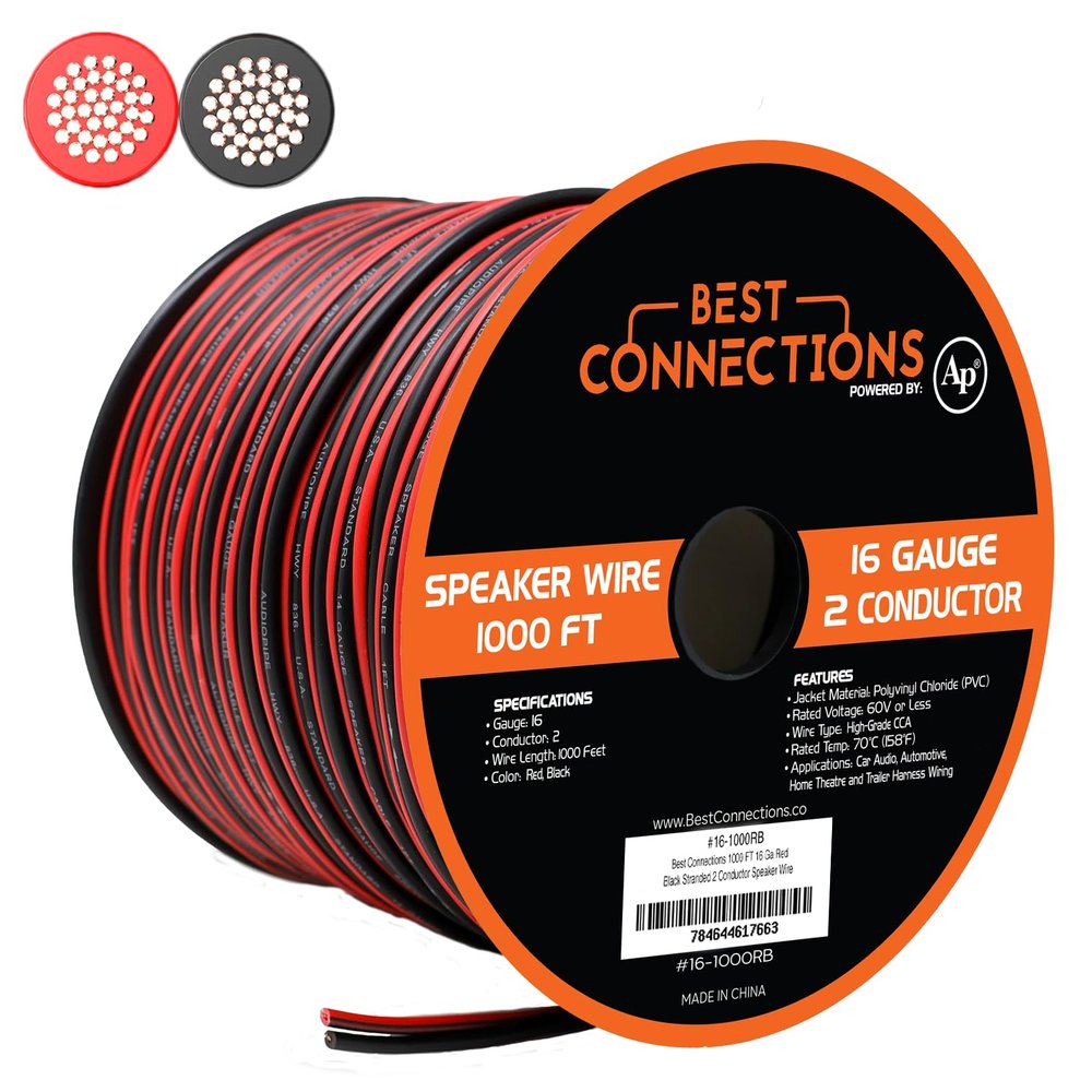 BEST CONNECTIONS Speaker Zip Wire (Various Gauge/Size Options) Primary Bonded Red & Black Speaker Cable Stranded Speaker Wire Car Audio Automotive Home Theatre (100 Feet, 16 Guage)