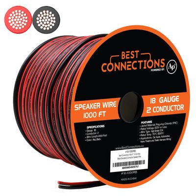 BEST CONNECTIONS Speaker Zip Wire (Various Gauge/Size Options) Primary Bonded Red & Black Speaker Cable Stranded Speaker Wire Car Audio Automotive Home Theatre (1000 Feet, 18 Gauge)