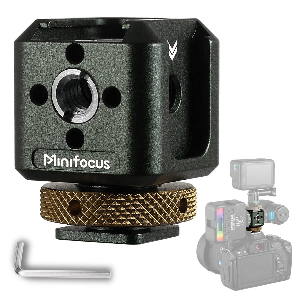 MINIFOCUS Camera Hot Shoe Extension Bracket with Quadruple Cold Shoe Mounts Adapter for Microphone LED Video Light, Aluminum Shoe Mount Holder with 1/4''&3/8'' Thread Hole and Arri-locating Hole