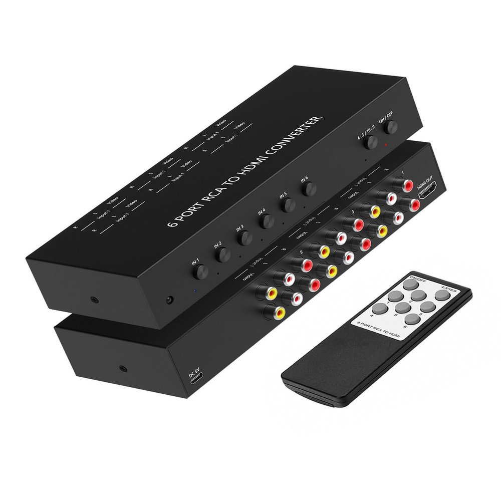 6 Port RCA to HDMI Converter, Dual AV to HDMI Converter Supports 16:9/4:3 Composite to HDMIAdapter Support 1080P PAL/NTSC Compatible with Sega/Xbox/PS1/PS2/PS3/WII/N64/VHS, VCRs, and DVD Players