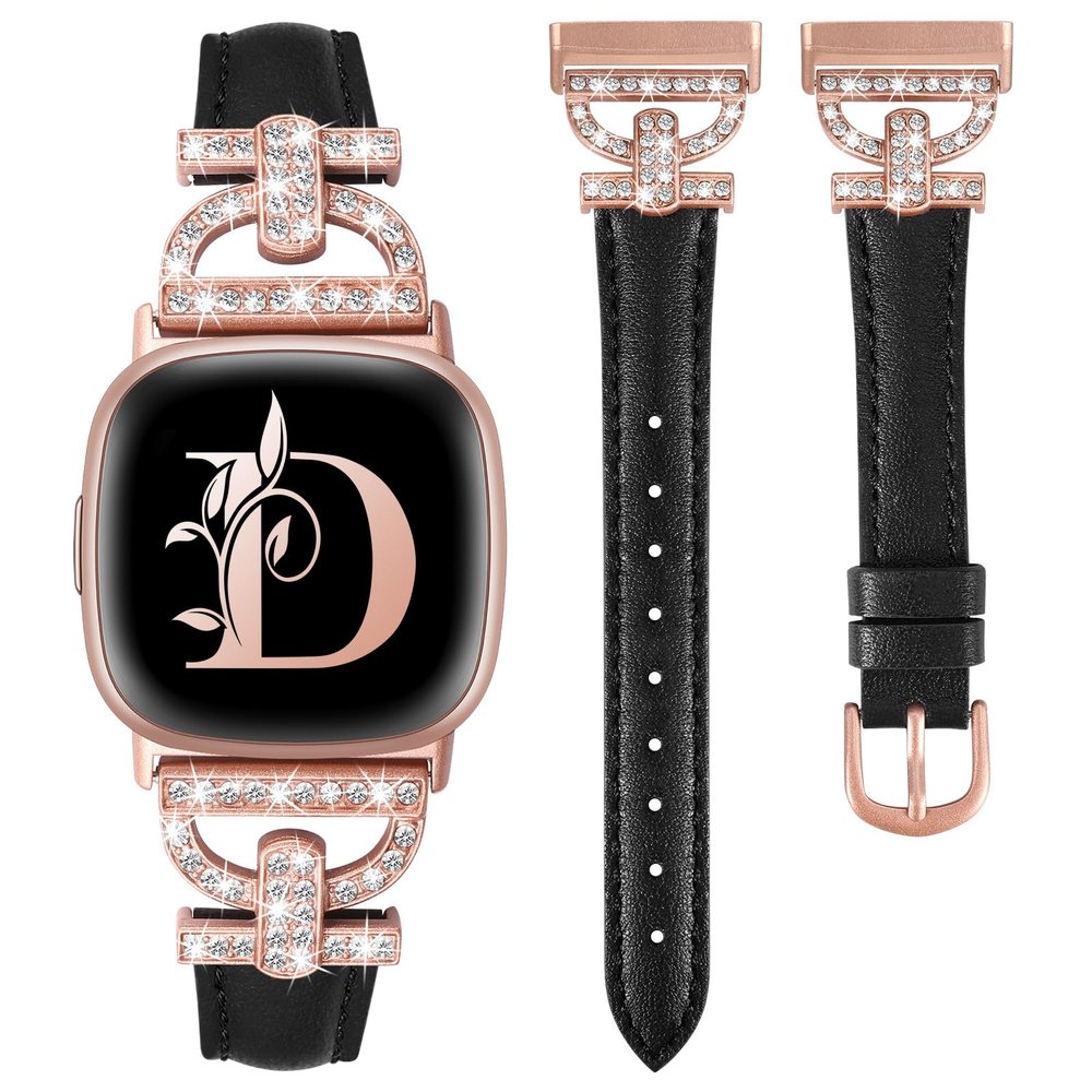 Minyee Leather Bands Compatible with Fitbit Versa 4/Versa 3/Sense 2/Sense Band for Women, Dressy Bling Slim Leather Strap with D-shaped Diamonds Metal Buckle for Versa 3