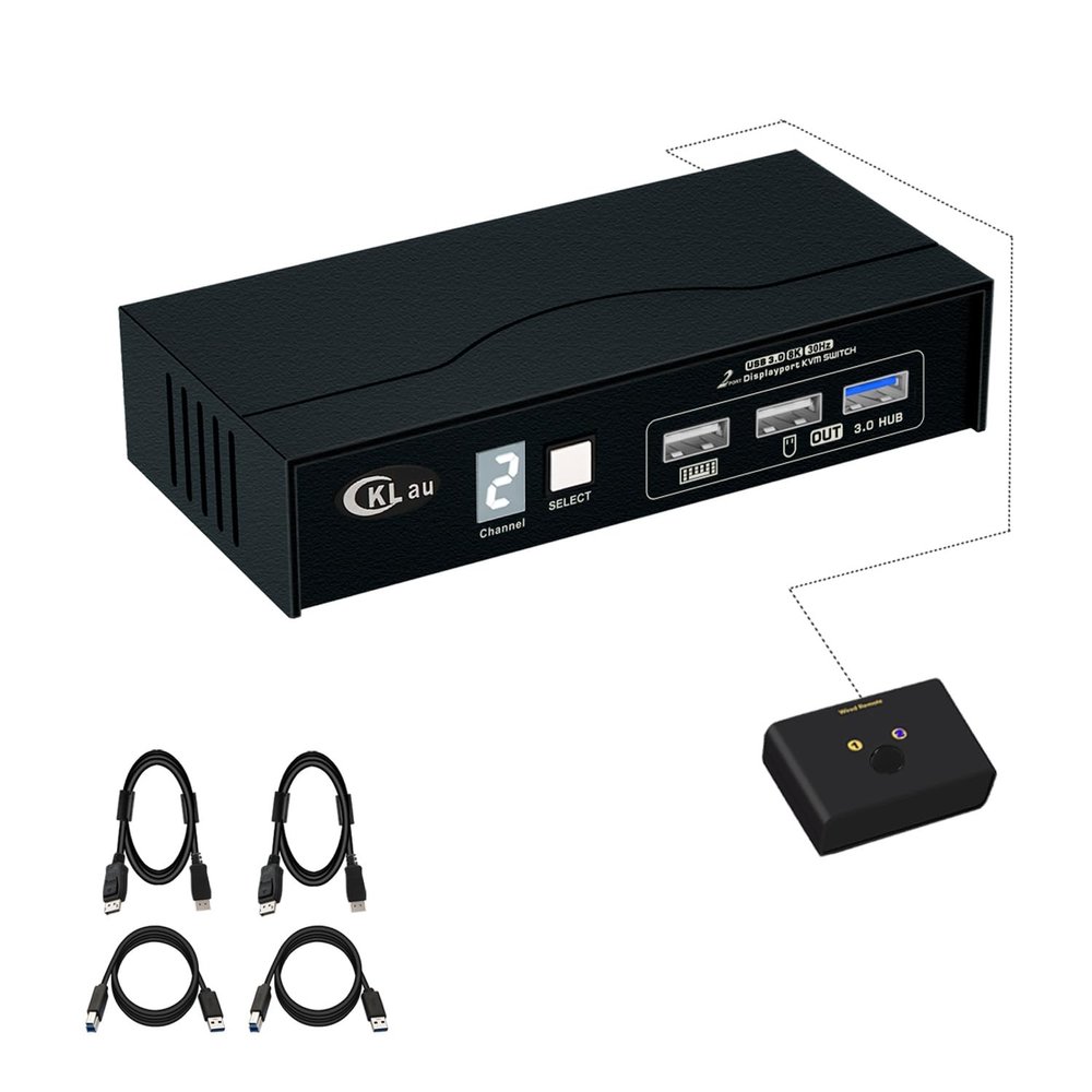 CKLau 8K60Hz 4K144Hz 2 Port USB 3.0 KVM Switch Displayport 1.4 with All Input Cables, Digital Display for Two Computers Sharing One Monitor
