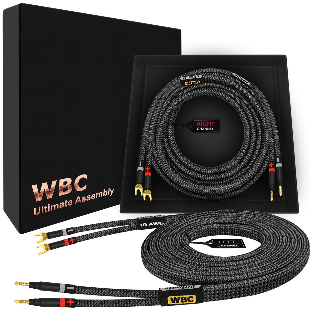 WORLDS BEST CABLES 20 Foot Ultimate - 10 AWG - Ultra-Pure OFC - Premium Audiophile HiFi Speaker Cable Pair with Eminence Gold Banana (x2) & Spade (x2) Plugs & Carbon Tweed Jacket