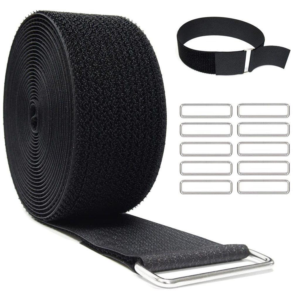 YMCRLUX 2" x32ft Reusable Cinch Strap with 20 Metal Buckles, Cut-to-Length Fastening Securing Straps, Adjustable Nylon Cable Straps and Cord Ties for Organizer or Storage, 2 inch Wide, Black