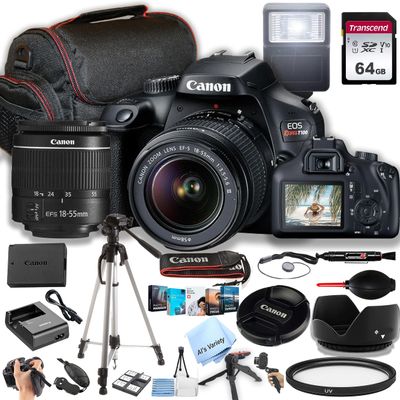 Canon Rebel T100 / EOS 4000D DSLR Camera w/EF-S 18-55mm F/3.5-5.6 Zoom Lens + 64GB Memory, Case, Tripod, Flash, and More (31pc Bundle) (Renewed)