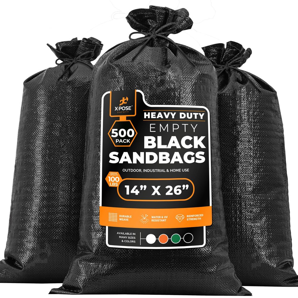 Xpose Safety Heavy Duty Sand Bags with Tie Strings Empty Woven Polypropylene Sandbags for Hurricane Flood Protection, 100 lb Capacity, 14" x 26", Black, Pack of 500